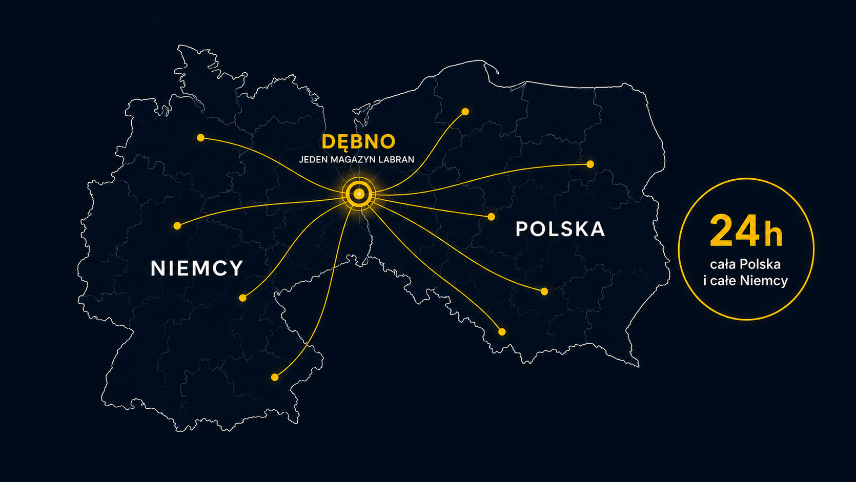 Mapa Polski i Niemiec z jednym magazynem Labran Logistics w Dębnie