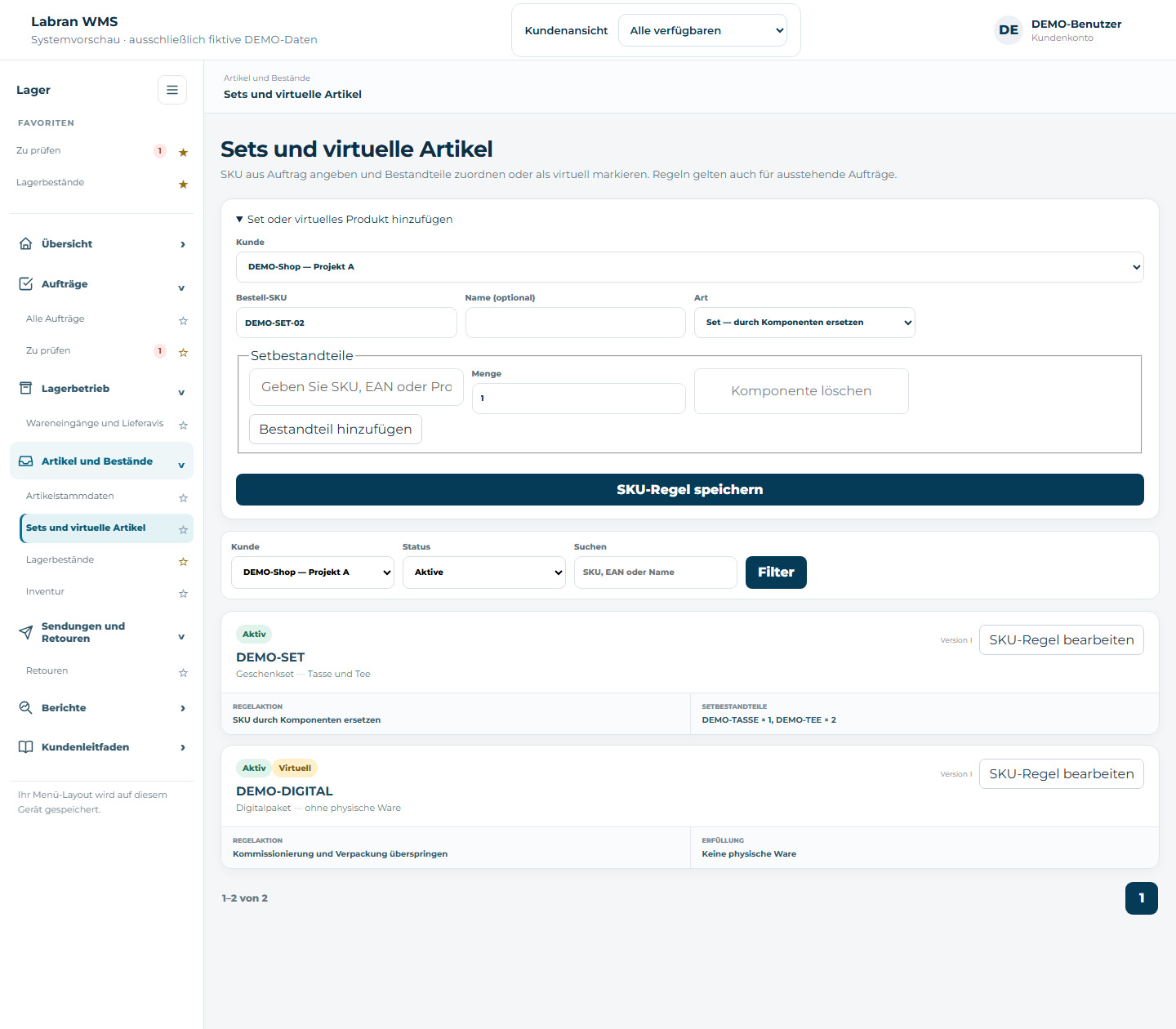 Sets und virtuelle Produkte — fiktive Demodaten