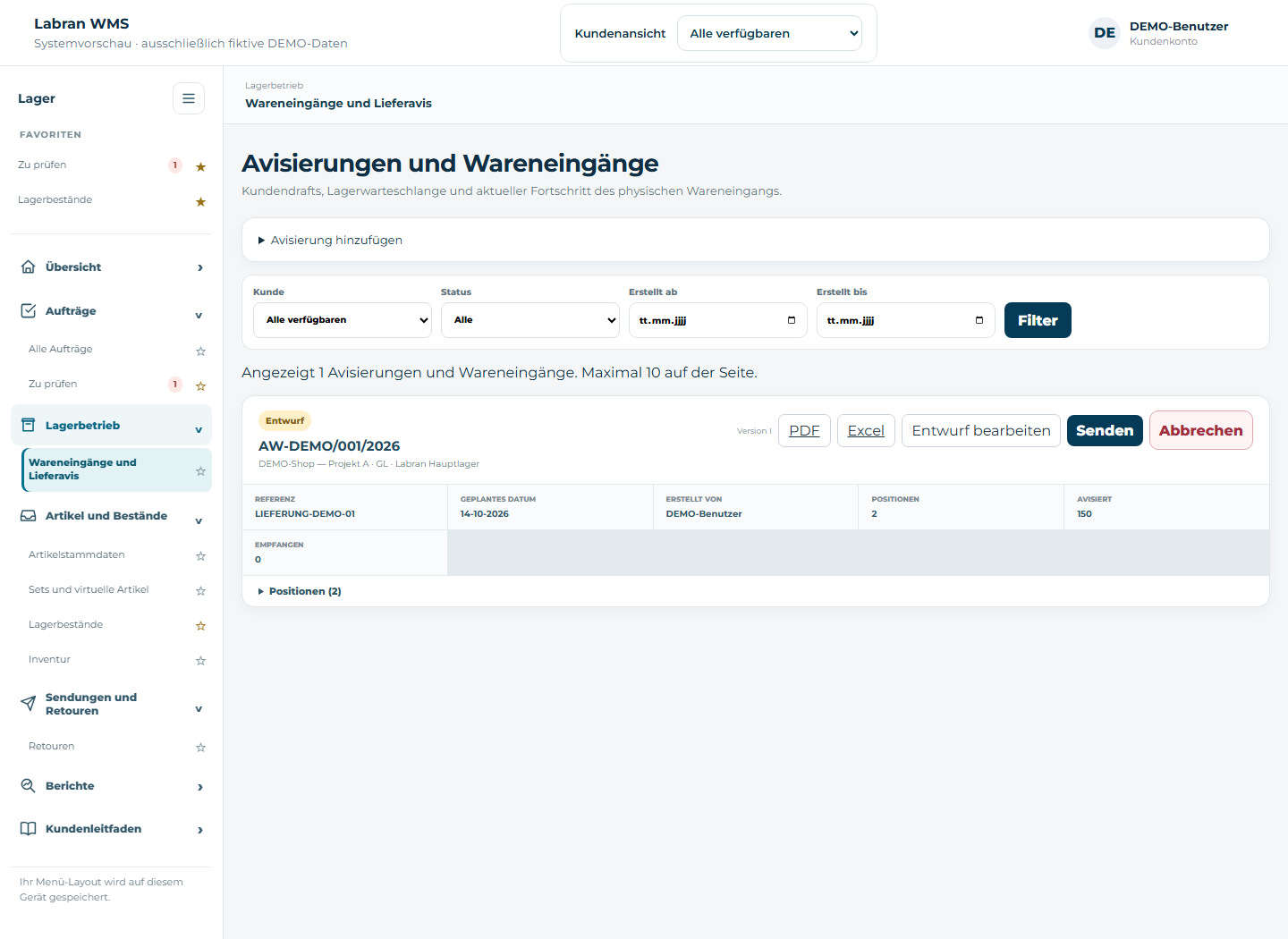 Lieferavis und Wareneingang — fiktive Demodaten