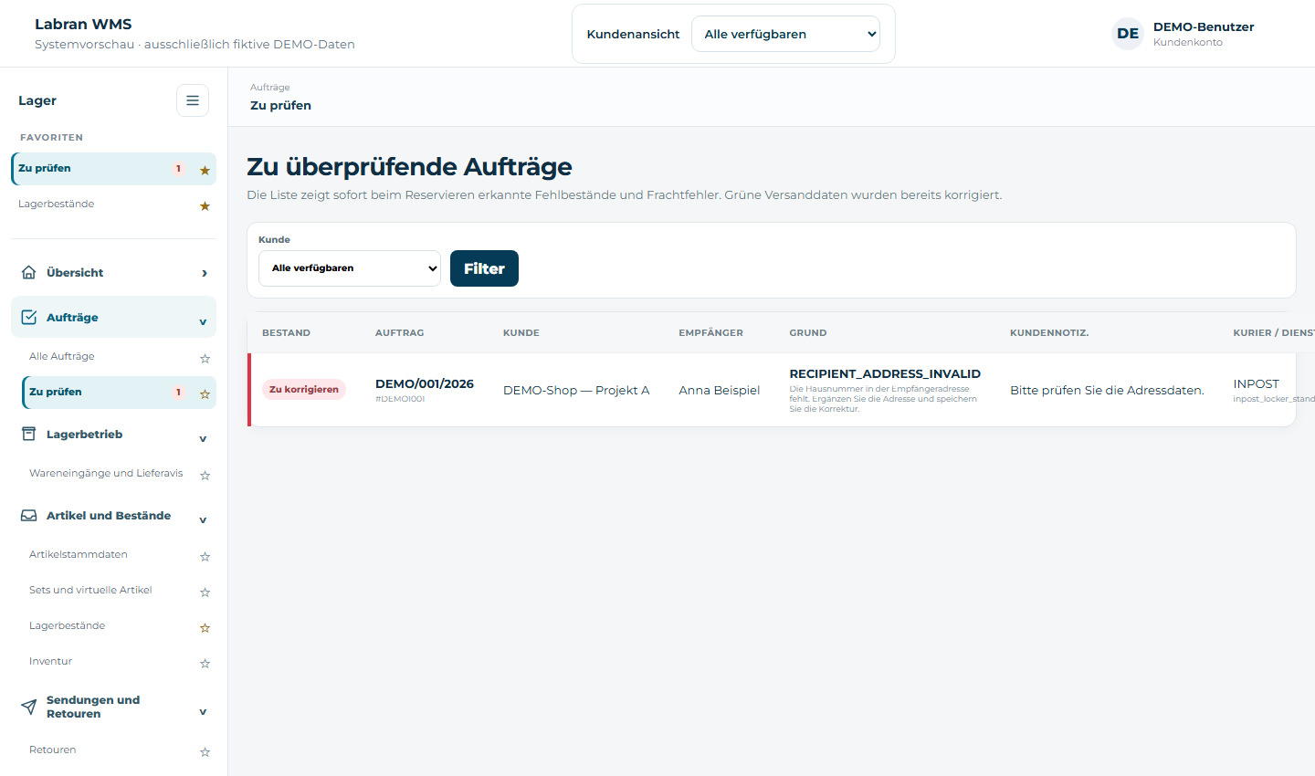 Aufträge zur Prüfung — fiktive Demodaten