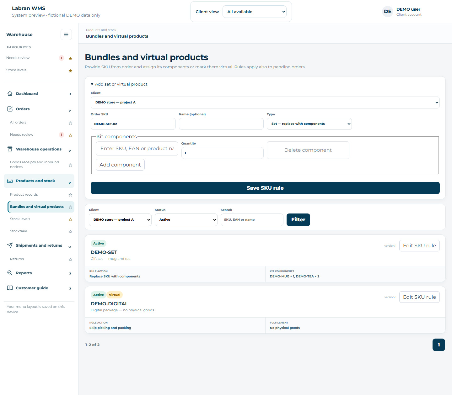 Bundles and virtual products — fictional demo data