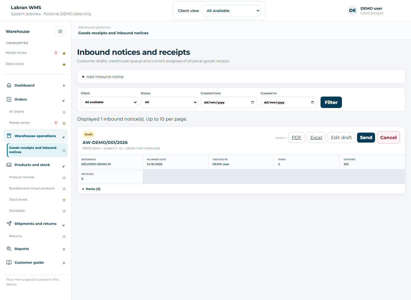 Inbound deliveries — fictional demo data