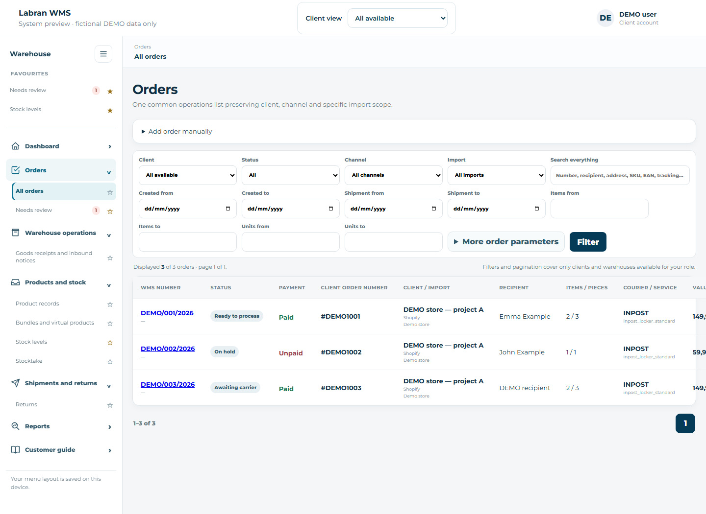 Orders and fulfillment stages — fictional demo data