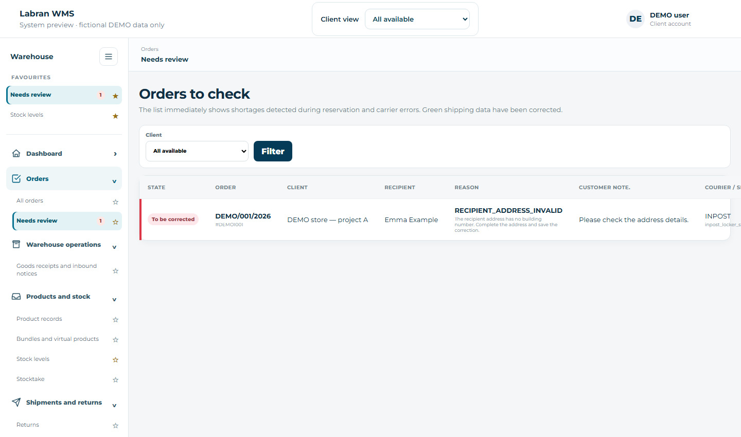 Orders needing review — fictional demo data